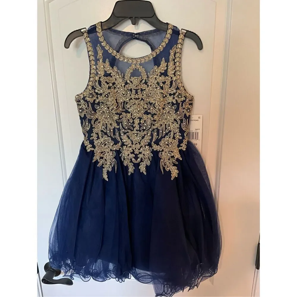 Rare Editions Girl's Mesh Embroidered Floral Sleeveless Dress Blue Gold Size 10 - Picture 1 of 5